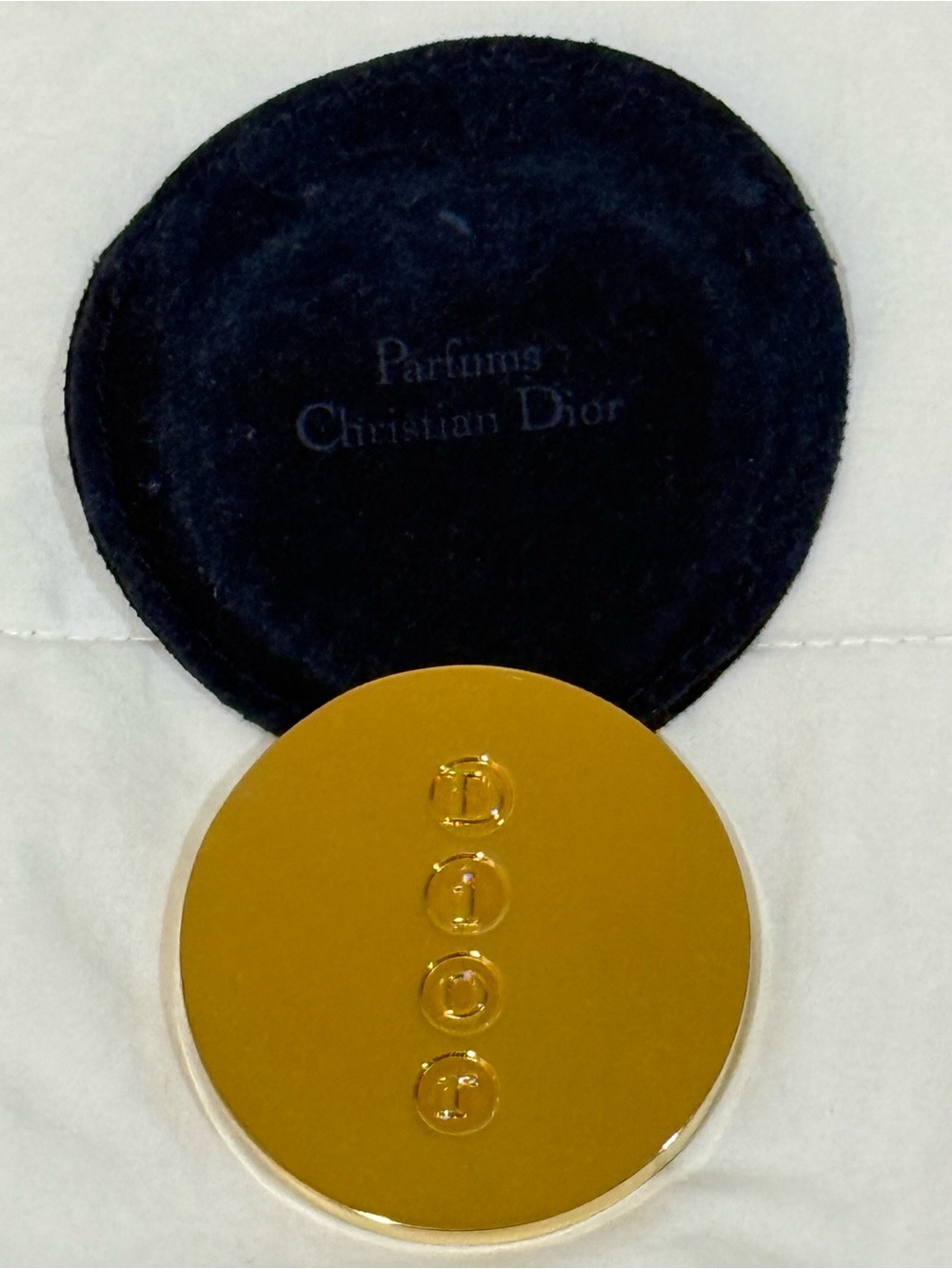 Vintage Christian Dior Gold Tone Oval Pocket Compact Mirror With Velvet Pouch